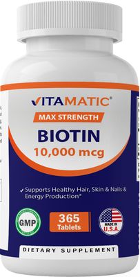 Vitamatic Biotin 10,000 mcg (10 mg) for Stronger Hair, Skin &amp; Nails - 365 Vegan Tablets- Also Called Vitamin B7