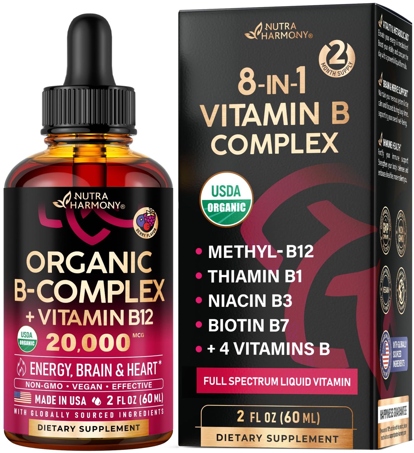 USDA Organic Vitamin B-Complex B5 Pantothenic Acid | B12 Methylcobalamin | B1 Thiamine | B6 Pyridoxine | B7 Biotin | B9 Folic | B3 Niacinamide - B Complex Liquid Drops, Made in USA Supplement, 2fl oz