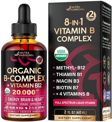 USDA Organic Vitamin B-Complex B5 Pantothenic Acid | B12 Methylcobalamin | B1 Thiamine | B6 Pyridoxine | B7 Biotin | B9 Folic | B3 Niacinamide - B Complex Liquid Drops, Made in USA Supplement, 2fl oz