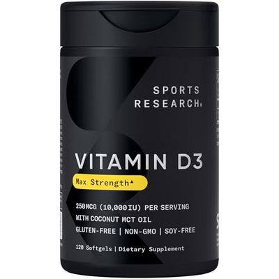 Sports Research Vitamin D3 10,000 IU with Coconut MCT Oil - High Potency Vitamin D Supplement for Immune &amp; Bone Support - Non-GMO Verified, Gluten &amp; Soy Free - 250mcg, 120 Liquid Softgels