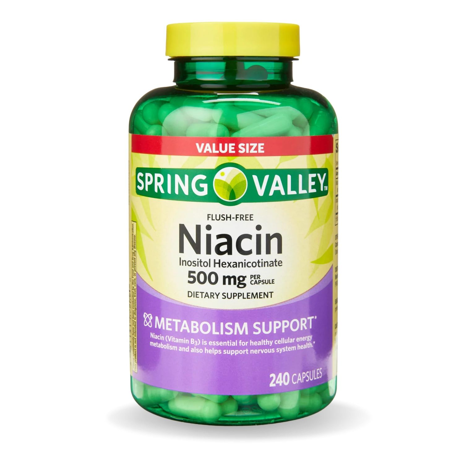 Spring Valley Vitamin B3 Niacin 500mg Flush Free Capsules, Dietary Supplement 240 Pills (Pack of 1)