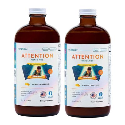 LIQUIDHEALTH Attention, Liquid Multivitamin for Kids &amp; Teens - Improves Memory Retention, Concentration, Focus, Mood, Relaxation &amp; Calming - Great Taste, Vegan, Sugar-Free (2 Pack)