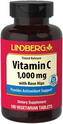 Lindberg Vitamin C 1000mg | 100 Tablets | with Rose HIPS | Vegetarian Formula | Timed Release | Non-GMO, Gluten Free Supplement