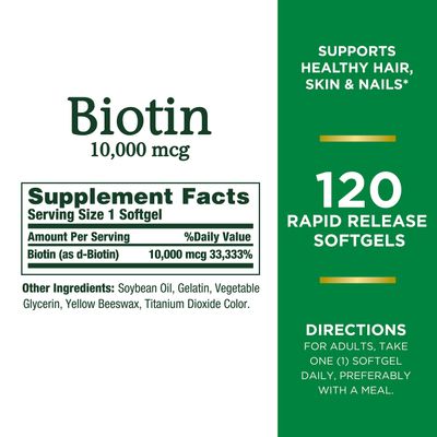 Nature's Bounty Biotin 10000 mcg - Supports Healthy Hair - Skin and Nails - Rapid Release Softgels - 120Ct,.-