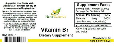 Herb-Science Liquid Vitamin B1 Drops - Daily Thiamine Supplement to Support Digestion, Nervous System, Heart Health, Stress Relief, Natural Energy Booster - 500% DV, 36 Servings per Bottle - 1 fl. oz.