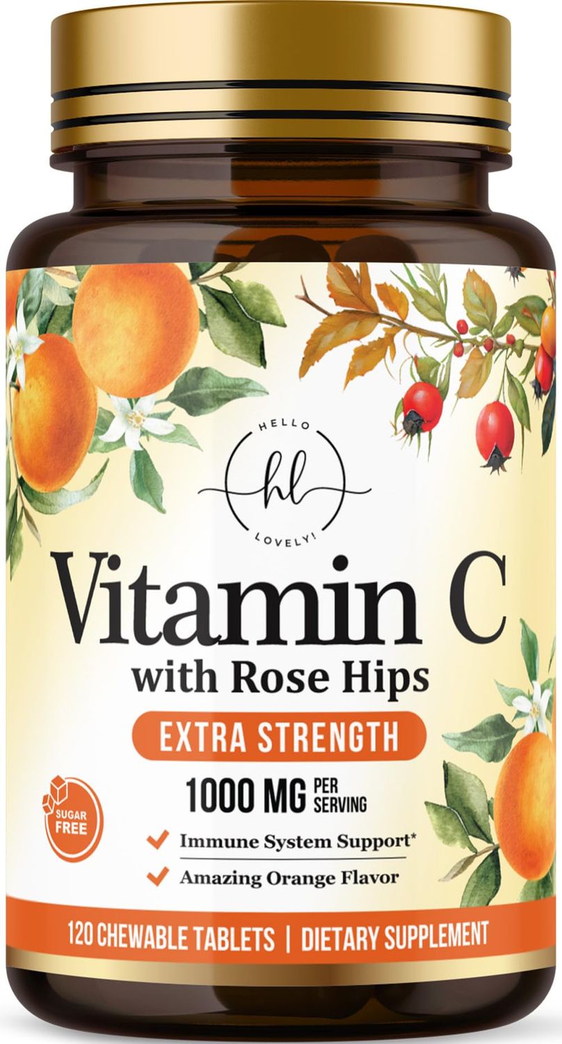 Hello Lovely! Extra Strength Vitamin C 1000 mg, with Rose HIPS Bioflavonoids, Dietary Supplement for Immune Support &amp; Antioxidant Protection, Sugar Free, Non-GMO VIT C Capsules - 120 Chewable Tablets