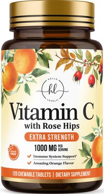 Hello Lovely! Extra Strength Vitamin C 1000 mg, with Rose HIPS Bioflavonoids, Dietary Supplement for Immune Support &amp; Antioxidant Protection, Sugar Free, Non-GMO VIT C Capsules - 120 Chewable Tablets