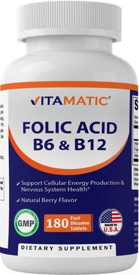 Vitamatic Folic Acid B12 B6 - Heart Health, Energy &amp; Red Blood Cell Support - 180 Fast Dissolve Tablets