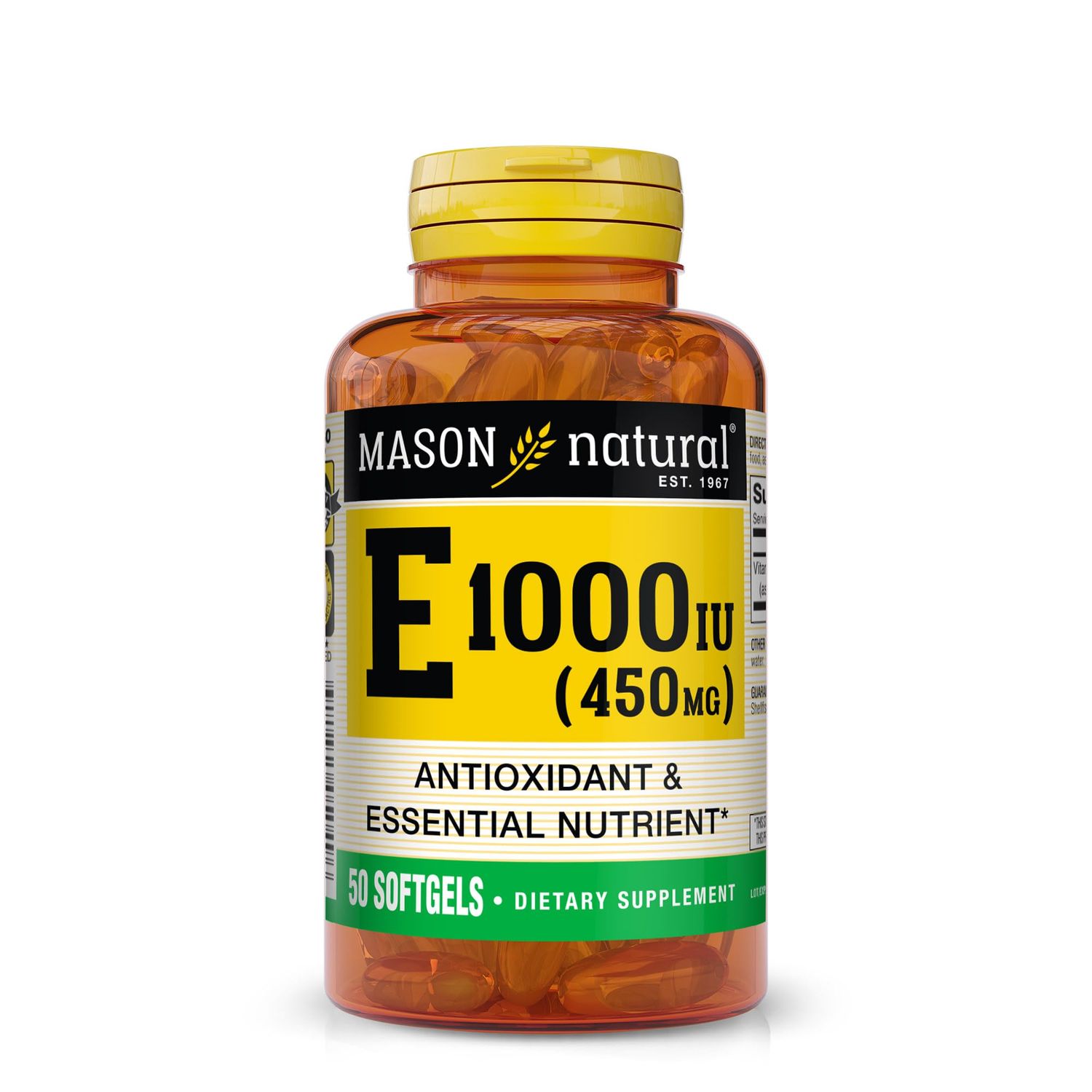 MASON NATURAL Vitamin E 450 mg (1,000 IU) - Antioxidant and Essential Nutrient, Healthy Immune System, Skin and Eyes, Whole Body Supplement, 50 Softgels