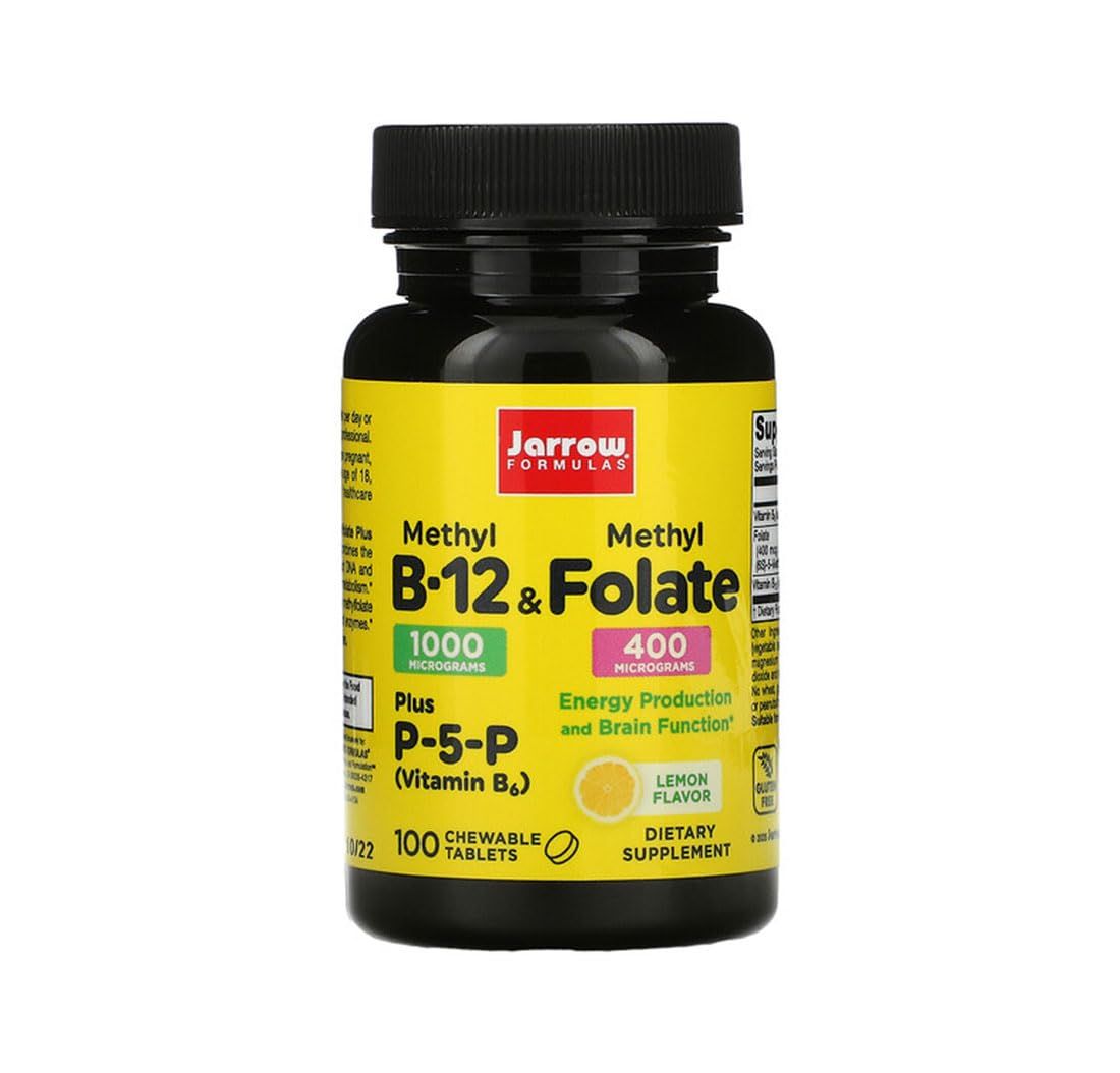 Jarrow Formulas Methyl B-12 &amp; Methyl Folate - 100 Chewable Tablets, Lemon - Pack of 2 - Bioactive Vitamin B12 &amp; B9 - Supports Energy Production, Brain Function &amp; Metabolism - 200 Total Servings