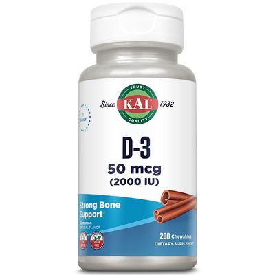 KAL Vitamin D3 Chewables 50 mcg, Vitamin D 2000 IU as Cholecalciferol, Sugar Free, Natural Cinnamon Flavor D3 Vitamin, Immune Support &amp; Bone Health, 200 Servings, 200 Chewables