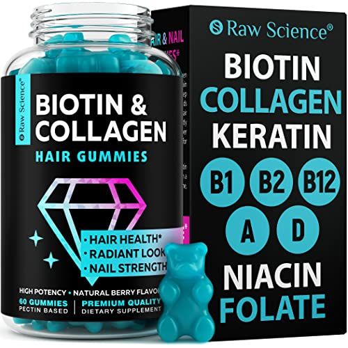 Biotin Collagen Gummies - Hair Skin and Nails Vitamins for Women &amp; Men - Hair Growth Vitamins: B1, B2, B3, B5, B7, B9, B12, Collagen, Keratin, Vitamin A &amp; D - Hair Growth Supplement - 60 Gummy Bears