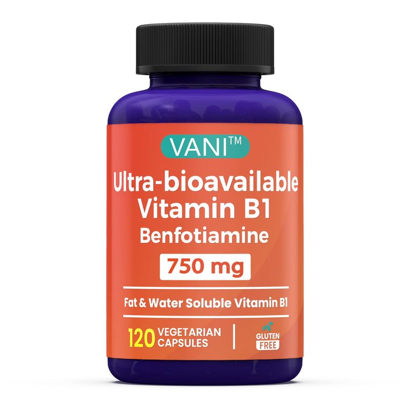 VANI 750MG Benfotiamine with B1, 5X Time Fat &amp; Water Soluble Thiamine B1 Supplement - Third Party Tested, No Gluten (120 Capsules)