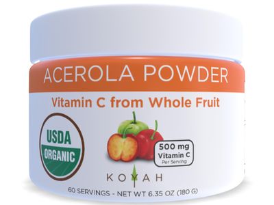 KOYAH - Organic Acerola Powder: Freeze-Dried, 100% Pure, 500 mg Natural Vitamin C per Scoop, Whole-Food, Non-GMO, Vegan, 60 Servings, Made from acerola Cherries Grown in Brazil