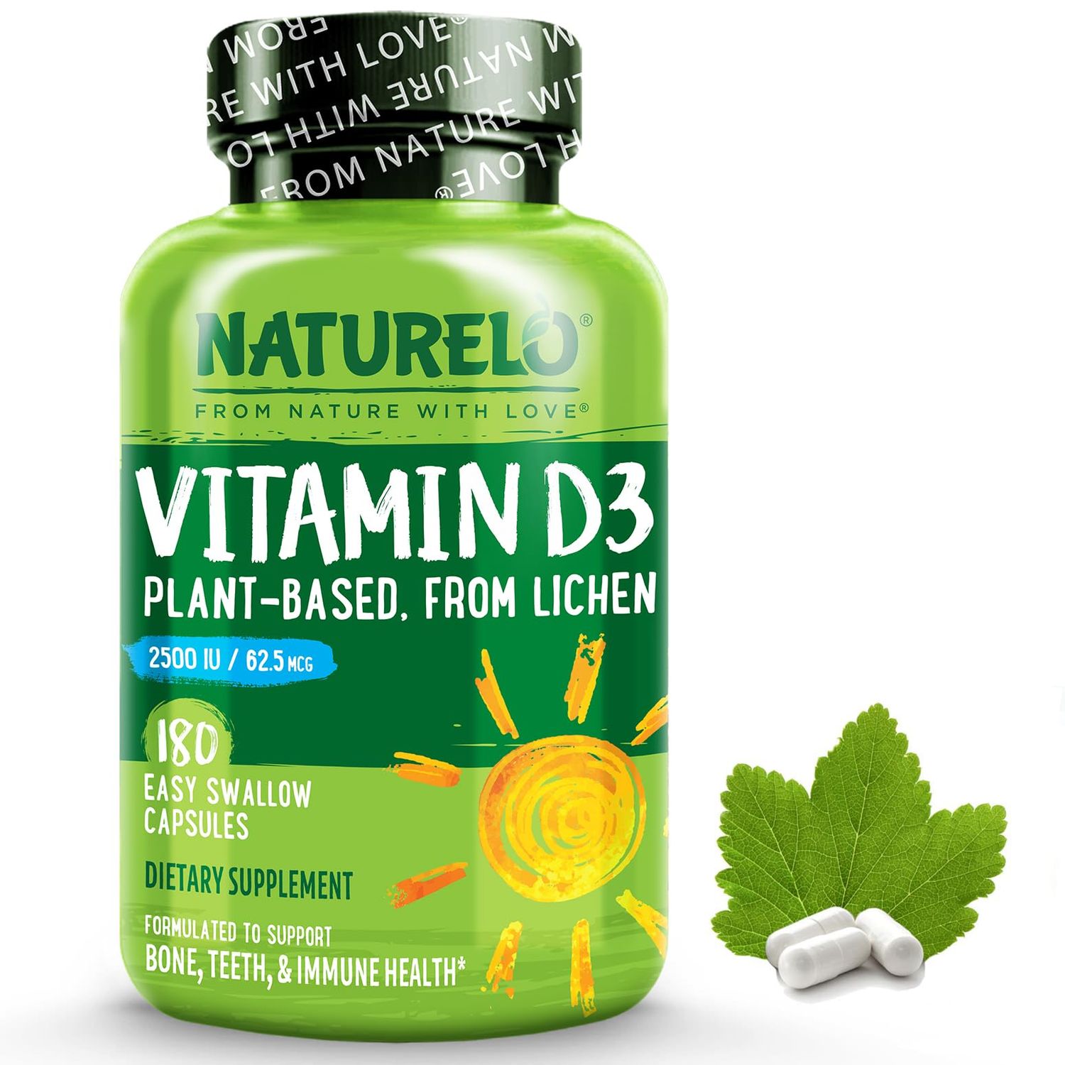 NATURELO Vitamin D - 2500 IU - Plant Based from Lichen - Natural D3 Supplement for Immune System, Bone Support, Joint Health - Vegan - Non-GMO - Gluten Free - 180 Mini Capsules