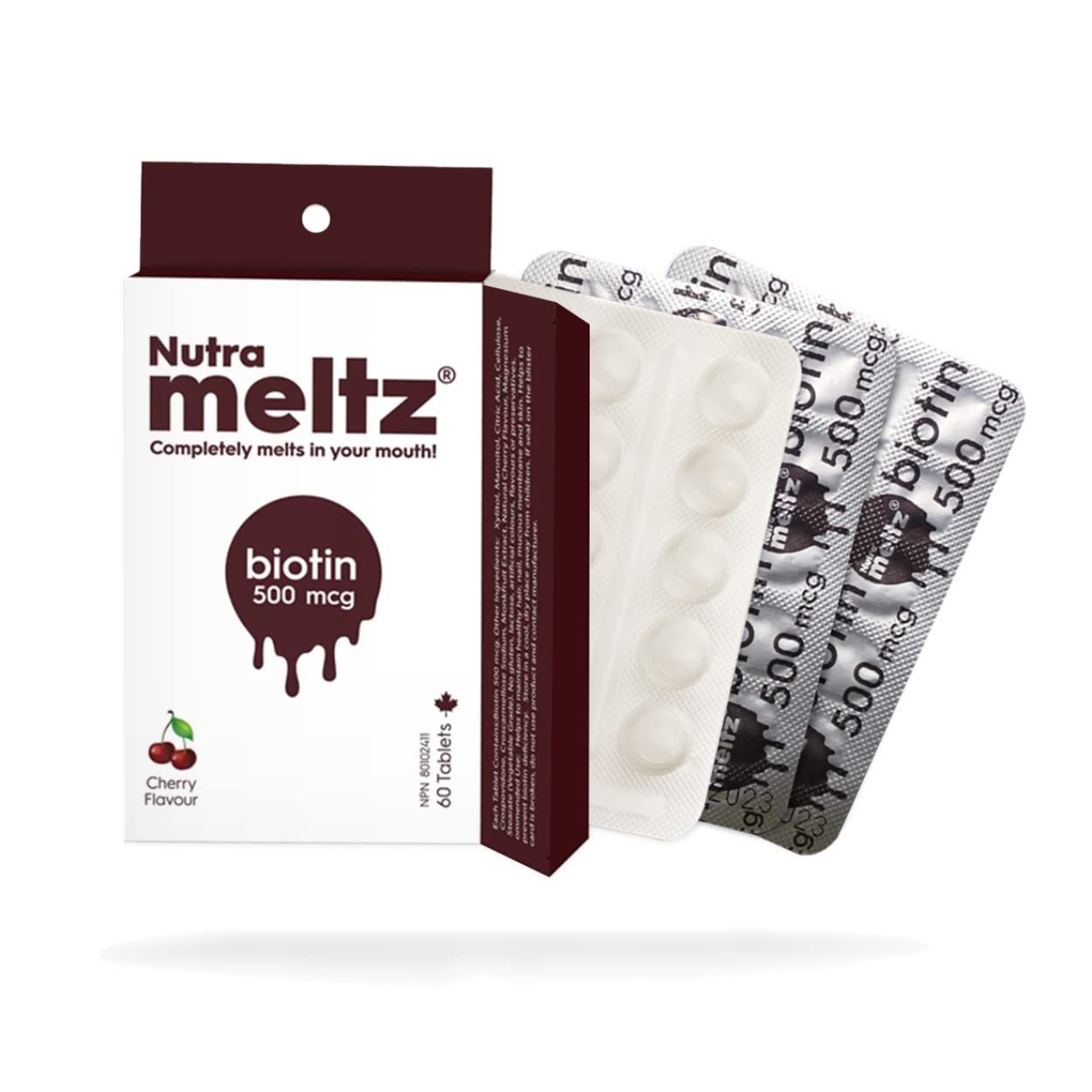 Nutra meltz Biotin 500 mcg I Supports Healthy Hair, Nail &amp; Skin I 60 Melting Tablets - 1 Pack I Cherry Flavor