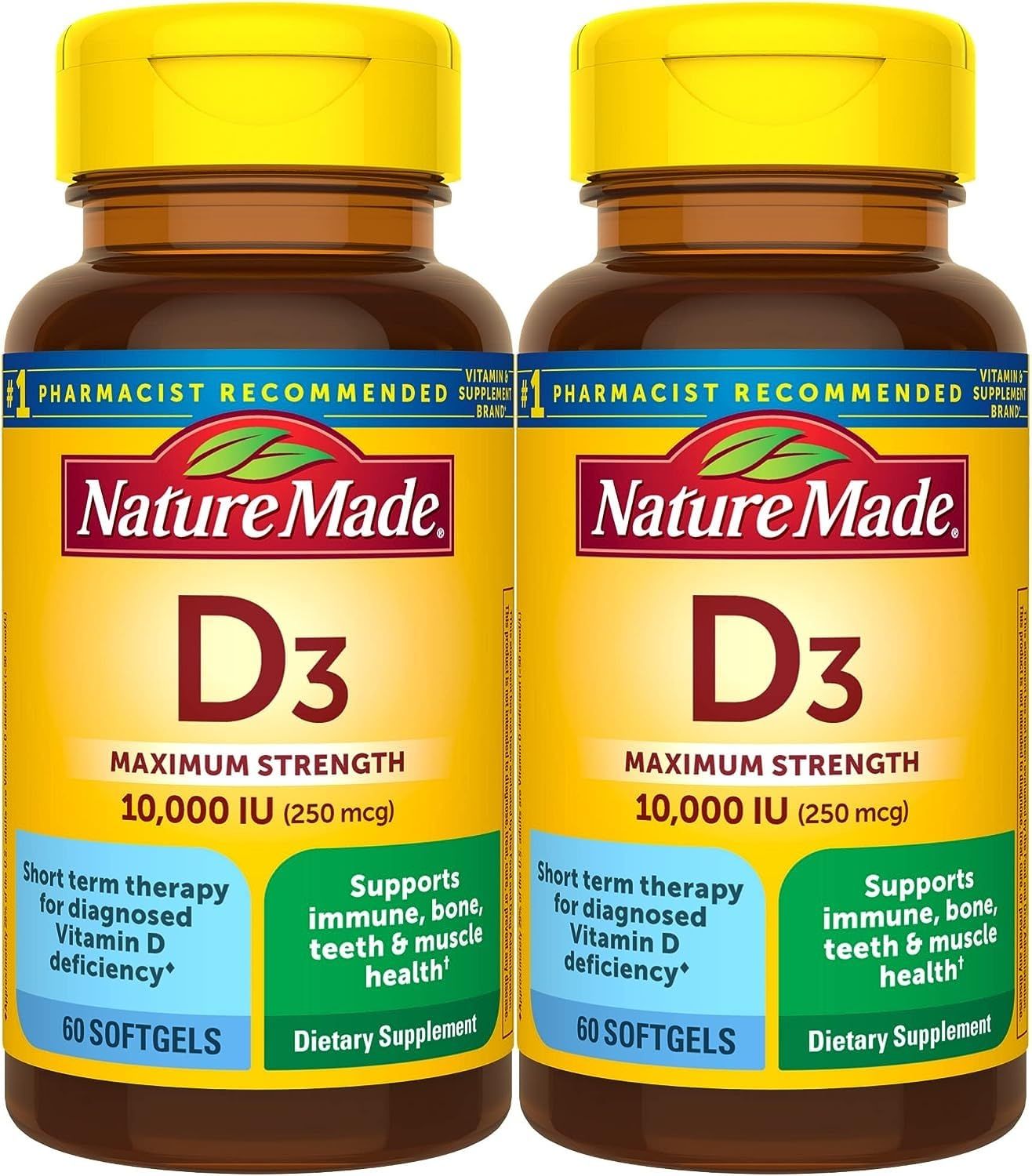 Nature Made Maximum Strength Vitamin D3 10000 IU (250 mcg), Dietary Supplement for Bone, Teeth, Muscle and Immune Health Support, 60 Softgels, 60 Day Supply - Pack of 2