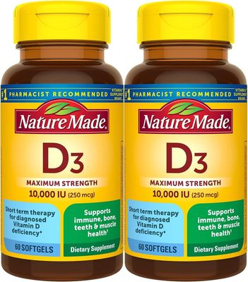 Nature Made Maximum Strength Vitamin D3 10000 IU (250 mcg), Dietary Supplement for Bone, Teeth, Muscle and Immune Health Support, 60 Softgels, 60 Day Supply - Pack of 2