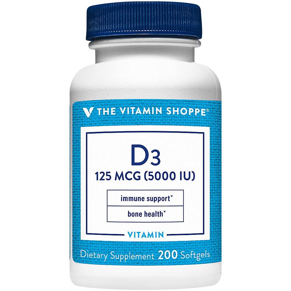 The Vitamin Shoppe Vitamin D3 5000IU Softgel, Supports Bone &amp; Immune Health, Aids in Cellular Growth &amp; Calcium Absorption, Gluten Free &amp; Once Daily Formula (200 Softgels)