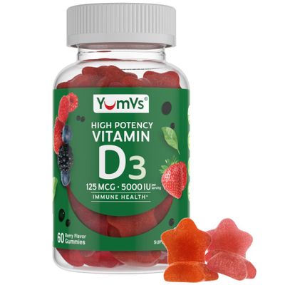 Vitamin D3 Jellies by YumV&#39;s | Vitamin D 5000 IU | Daily Dietary Supplement for Men and Women | Mixed Berry Flavor Chewable Jellies | Vegetarian, Gluten-Free, Kosher, Halal | 60 Count