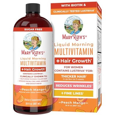 MaryRuth&#39;s Liquid Multivitamin + Lustriva Hair Growth | Biotin 10000mcg | Vitamin D | B Vitamins | Clinically Tested for Thicker Hair, Wrinkles, Fine Lines, Skin Care | Ages 18+ | 30 Fl Oz