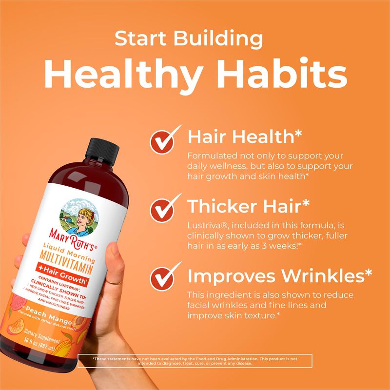 MaryRuth's Liquid Multivitamin + Lustriva Hair Growth | Biotin 10000mcg | Vitamin D | B Vitamins | Clinically Tested for Thicker Hair, Wrinkles, Fine Lines, Skin Care | Ages 18+ | 30 Fl Oz