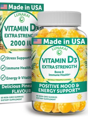 Lunakai USA Made Extra Strength Vitamin D3 Gummies 2000 IU - Bone, Immune &amp; Energy Support - Delicious Vitamin D Gummies for Women &amp; Men, 60ct