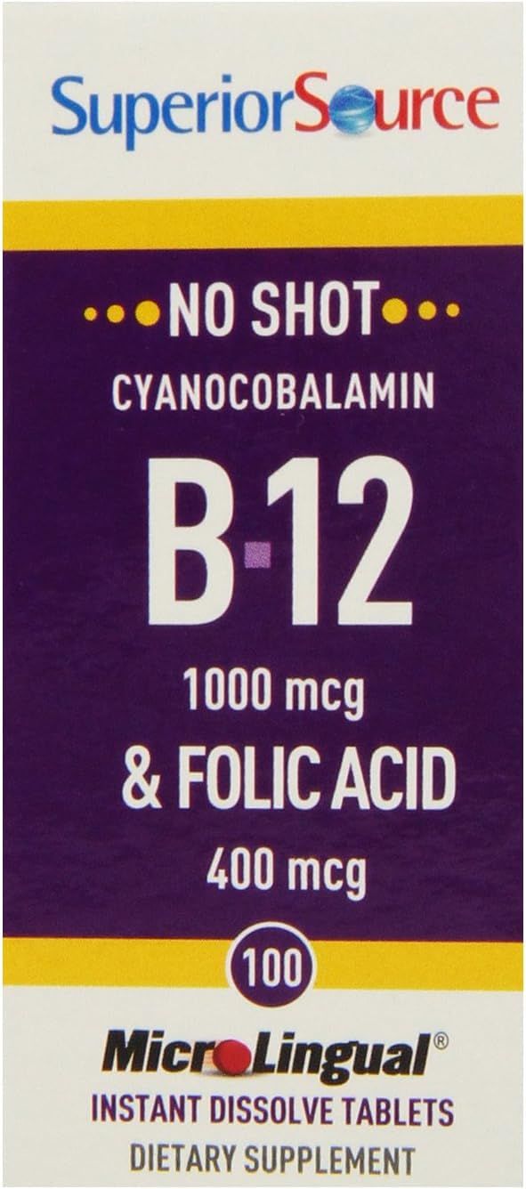 Superior Source No Shot Vitamin B12 Cyanocobalamin (1000 mcg), Folic Acid (400 mcg), Quick Dissolve MicroLingual Tablets, 100 Ct, Increase Energy, Boost Metabolism, Heart and Stress Support, Non-GMO