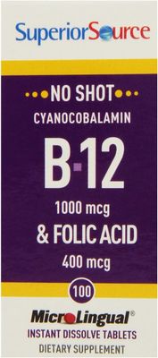 Superior Source No Shot Vitamin B12 Cyanocobalamin (1000 mcg), Folic Acid (400 mcg), Quick Dissolve MicroLingual Tablets, 100 Ct, Increase Energy, Boost Metabolism, Heart and Stress Support, Non-GMO