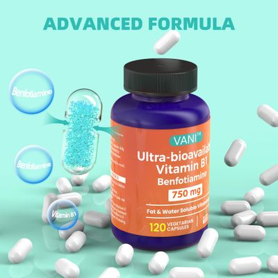 VANI 750MG Benfotiamine with B1, 5X Time Fat &amp; Water Soluble Thiamine B1 Supplement - Third Party Tested, No Gluten (120 Capsules)