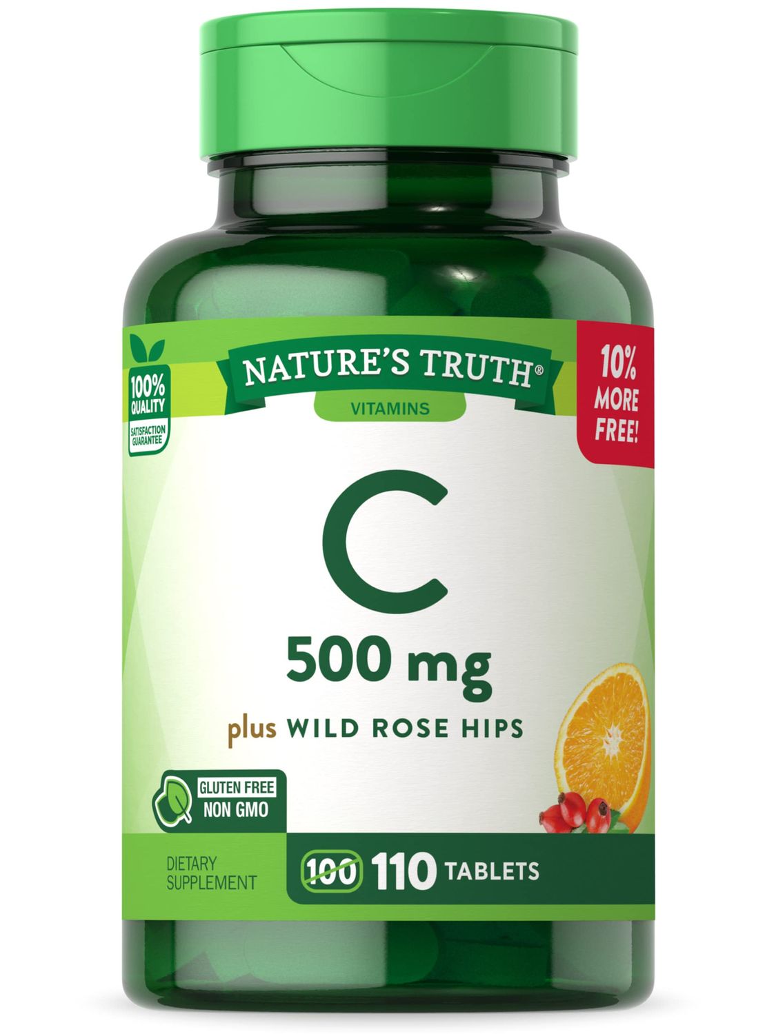 Nature&#39;s Truth Vitamin C with Rose Hips 500 mg | 110 Tablets | Vegetarian, Non-GMO, &amp; Gluten Free Supplement