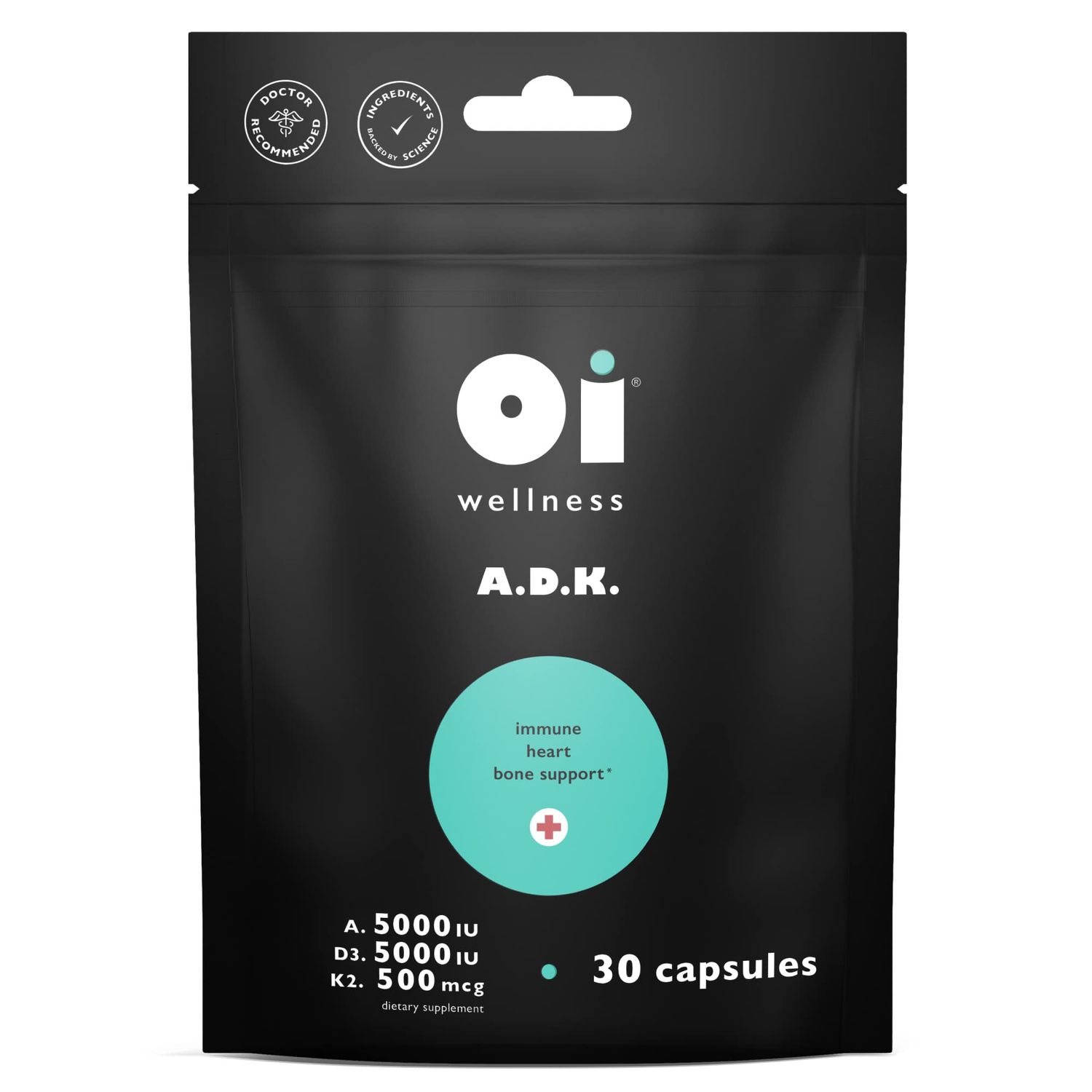 Oi Wellness ADK Vitamin Supplement - Vitamin A 5000 IU, Vitamin D3 5000 IU, Vitamin K2 Supplement, Bone Strength, Immunity, Heart Health, Easily Absorbed (90 Capsules)