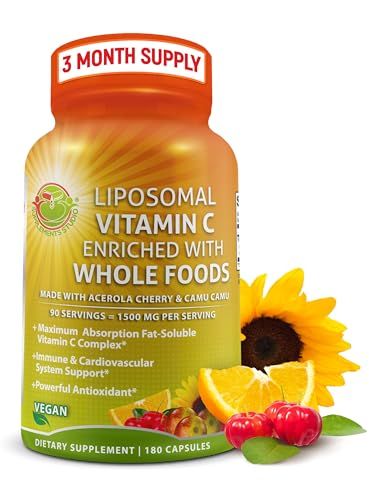 Liposomal Vitamin C Capsules - 1500mg - Made with Organic Acerola Cherries &amp; Camu Camu, High Potency Vitamin C Liposomal - Immune Support Supplement, Enhanced Absorption &amp; Bioavailability - 180 count