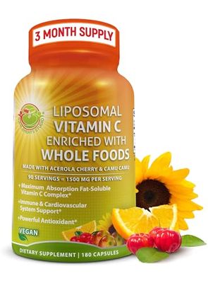 Liposomal Vitamin C Capsules - 1500mg - Made with Organic Acerola Cherries &amp; Camu Camu, High Potency Vitamin C Liposomal - Immune Support Supplement, Enhanced Absorption &amp; Bioavailability - 180 count