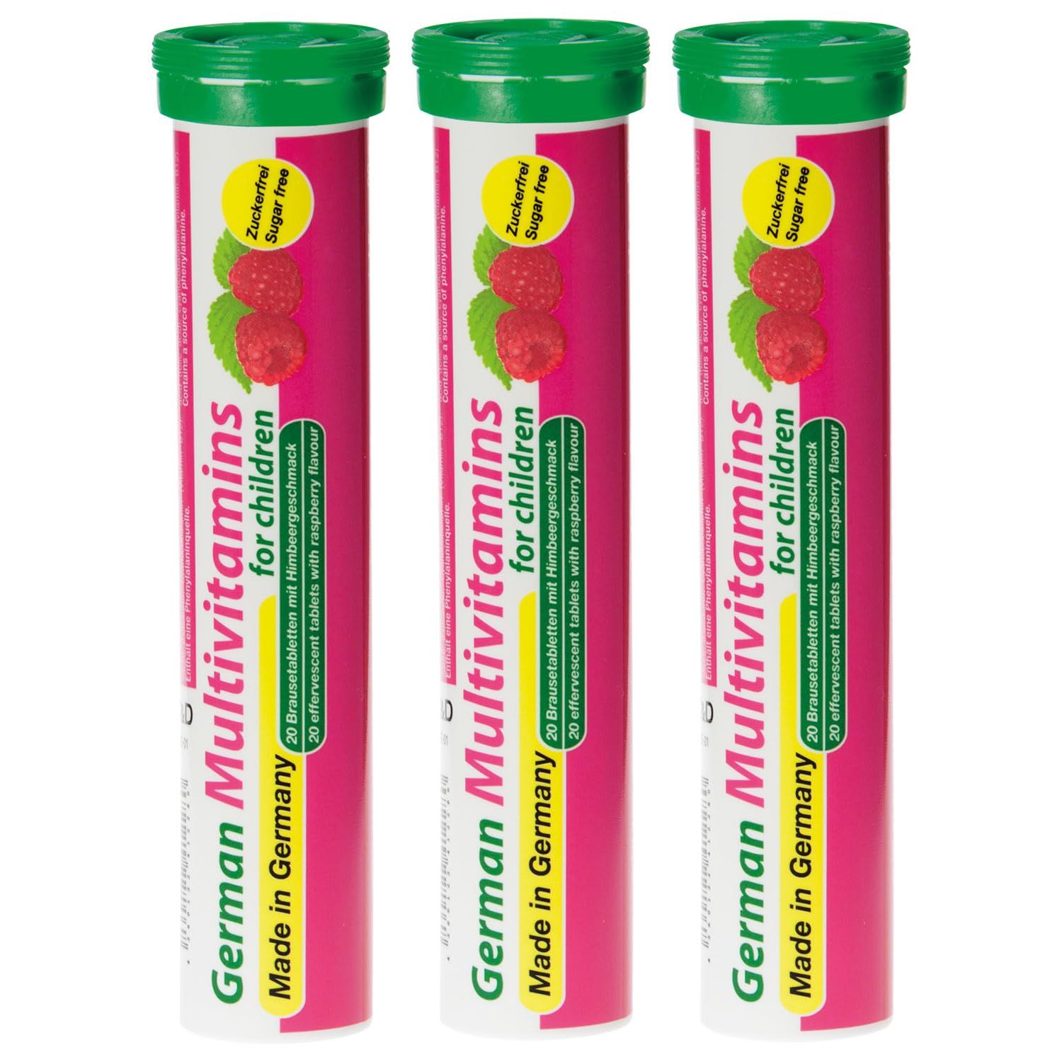T&amp;D German Multivitamin for Children 60 Drink Effervescent Tablets - Sweet Raspberry Flavour, Sugar Free, Vegan - Vitamin C, E, B1, B2, B6, B12, Folic Acid, Niacin Pharma - Made in Germany