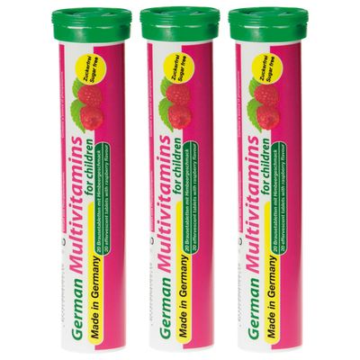 T&amp;D German Multivitamin for Children 60 Drink Effervescent Tablets - Sweet Raspberry Flavour, Sugar Free, Vegan - Vitamin C, E, B1, B2, B6, B12, Folic Acid, Niacin Pharma - Made in Germany