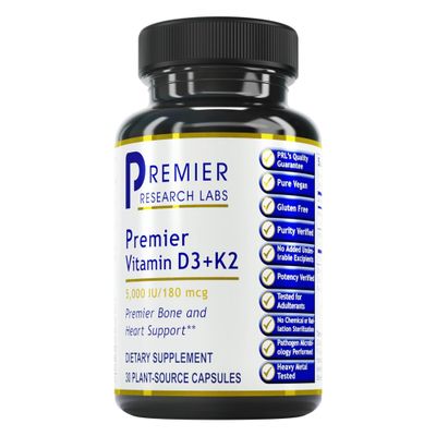 Premier Research Labs: Vitamin D3 + K2 Supplements | for Bone Support and Promotes Heart Health, Gluten-Free - 5000 IU Vegan Supplements - Tested Quality | 30 Plant-Source Based Capsules