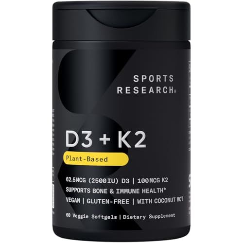 Sports Research Vitamin D3 + K2 with Coconut MCT Oil | Vegan D3 2500iu (62.5mcg) &amp; Plant Based Vitamin K2 Supplement | Vegan Certified, Soy &amp; Gluten Free - 60 Softgels