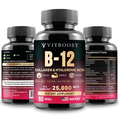 VITBOOST B12 with Hyaluronic Acid, Collagen and Folate - 25000 mcg B12 Methylcobalamin Supplement | Maximize Absorption & Energy | Gluten Free USA Made, B1, B2, B3, B6, B7 Complex - 60 Capsules