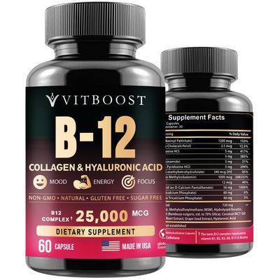 VITBOOST B12 with Hyaluronic Acid, Collagen and Folate - 25000 mcg B12 Methylcobalamin Supplement | Maximize Absorption &amp; Energy | Gluten Free USA Made, B1, B2, B3, B6, B7 Complex - 60 Capsules