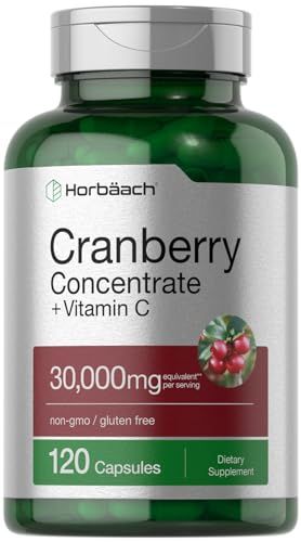 Horbach Cranberry Concentrate Extract Pills + Vitamin C | 30,000mg | 120 Capsules | Triple Strength Ultimate Potency Formula | Non-GMO and Gluten Free Supplement