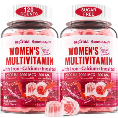 Sugar-Free Methylated Multivitamin for Women Gummies, Algae Calcium, Vitamin A, C, E, B12, D3 K2, Iron, Folate, Biotin, Inositol - Multi Vitamins &amp; Minerals - Energy, Immune, Blood, Bone, Vegan 120Cts