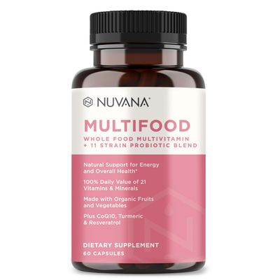 Nuvana Multifood Whole Food Multivitamin for Women | 21 Organic Fruits &amp; Vegtables | Tumeric Boosts Energy, Supports Gut &amp; Immune Health | Prebiotics &amp; Probiotics | 60 Capsules