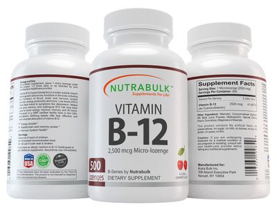 NutraBulk Vitamin B-12 Capsules 2500 mcg Micro-Lozenge | Supports Cognitive &amp; Overall Well Being, Helps to Assist Brain, Memory Power, Boosts Energy | Cherry Flavour - Sublingual Tablets (500 Count)