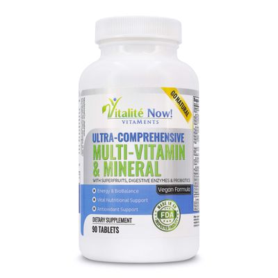 Vegan Whole Food Multivitamin &amp; Mineral - Vitamins A B1 B2 B6 B12 C D3 E &amp; 110 Super Foods, Herbs, Greens &amp; Reds - Enzymes &amp; Probiotics for Immune Support - Energy Boost - 90 Tablets