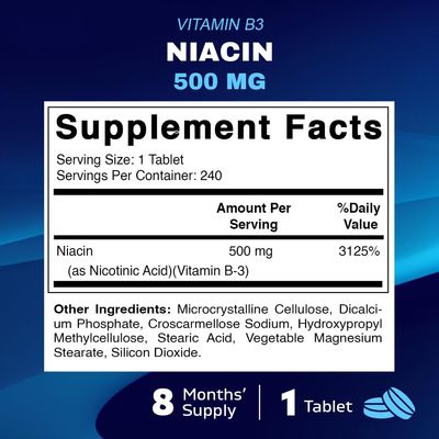Vitamatic Niacin (Vitamin B3) 500mg, Sustained Release, 240 Tablets - Non-GMO &amp; Gluten Free