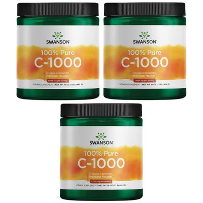 Swanson Vitamin C Powder 100% Pure Ascorbic Acid, Immune System Support, Skin Health, Cardiovascular Health, Antioxidant Supplement 1000 mg (per Serving) 1 lb. 454 g (3 Pack)