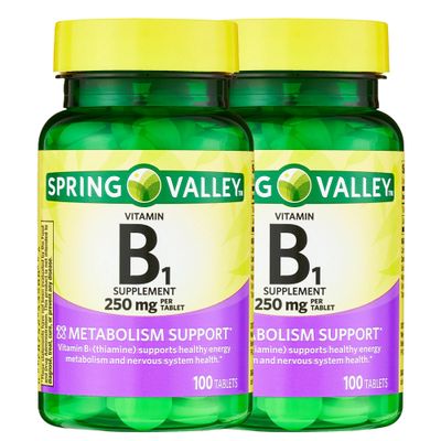Spring Valley Vitamin B1 (Thiamine) 250mg Tablets, 100 Count, Supports Energy Production &amp; Healthy Metabolism*, Helps Break Down Fats &amp; Protein (Pack of 2)