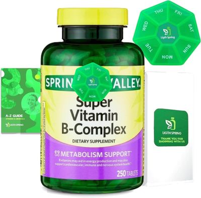 Super Vitamin B-Complex Tablets 250 + Spring Super Vitamin B-Complex Tablets Dietary Supplementt Bundle Exclusive Better Ligth&amp;Spring Guide + Weekly Pill Organize (3 Items)