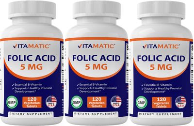 Vitamatic 3 Pack Folic Acid 5mg (5000 mcg) - 120 Vegetarian Tablets - (Vitamin B9 Folate) (Total 360 Tablets)